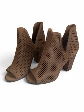 Lucky Brand Perforated Suede Open Toe Booties Brown Size 9M Block Heel